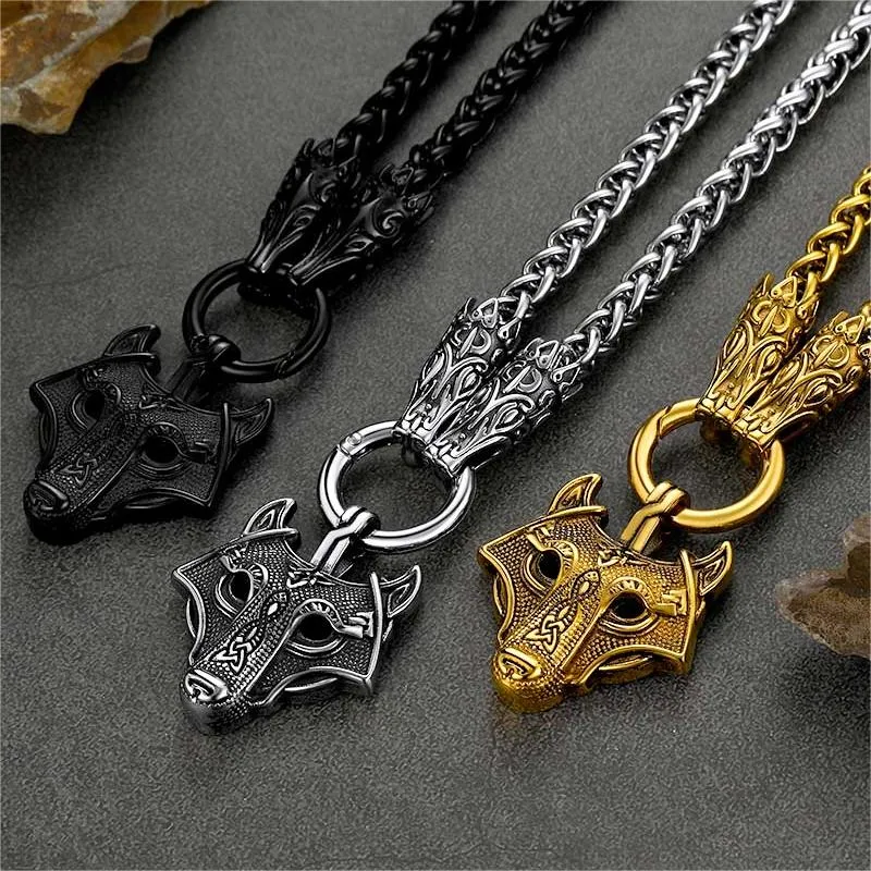 Viking Wolf Pendant Necklace With Wolf Rope Chain For Men