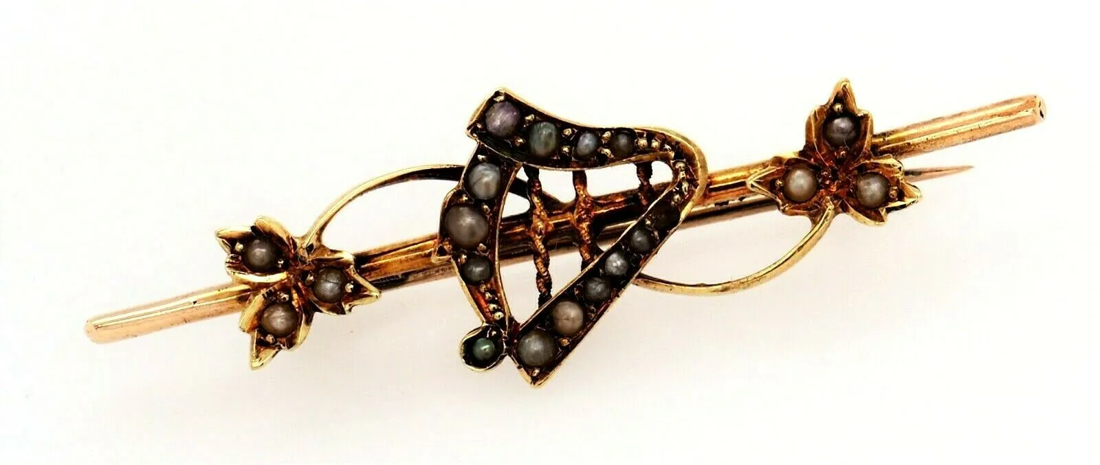 Vintage 9ct Yellow Gold & Seed Pearl Irish Hard Brooch