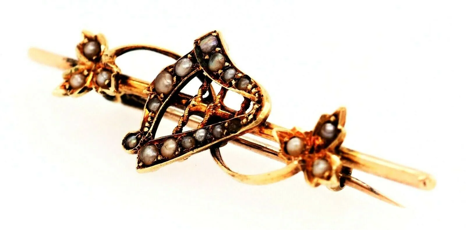 Vintage 9ct Yellow Gold & Seed Pearl Irish Hard Brooch