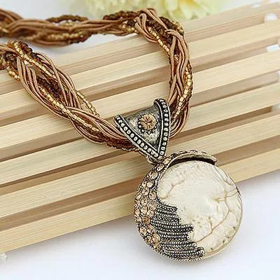 Vintage Boho Reiki Ball Opal Stone Pendant Necklace For Women/ Rhinestone Rope