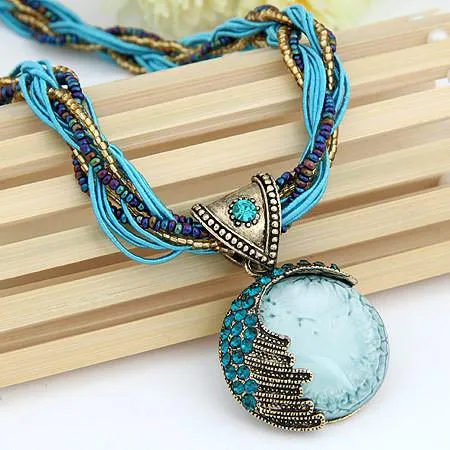 Vintage Boho Reiki Ball Opal Stone Pendant Necklace For Women/ Rhinestone Rope