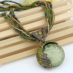 Vintage Boho Reiki Ball Opal Stone Pendant Necklace For Women/ Rhinestone Rope