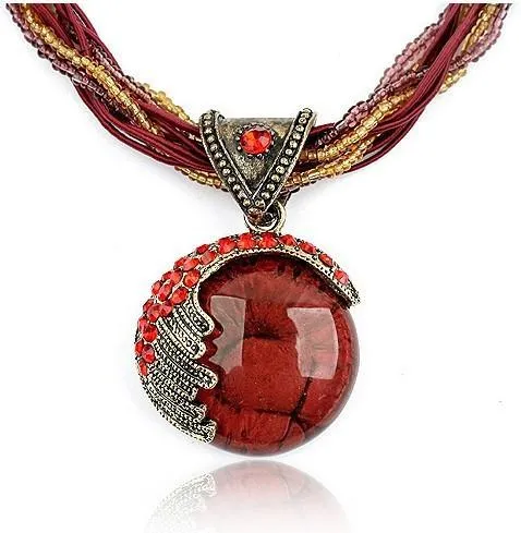 Vintage Boho Reiki Ball Opal Stone Pendant Necklace For Women/ Rhinestone Rope