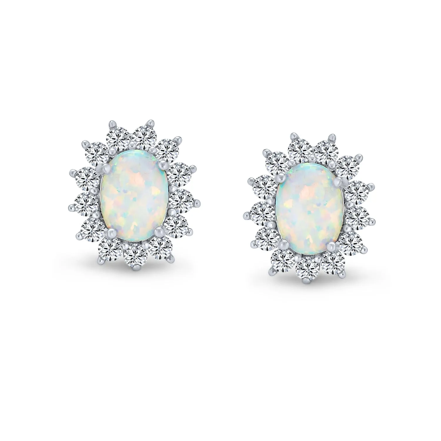 Vintage Estate Style Oval Opal Crown Halo CZ Stud Earrings Silver 12MM Birthstone