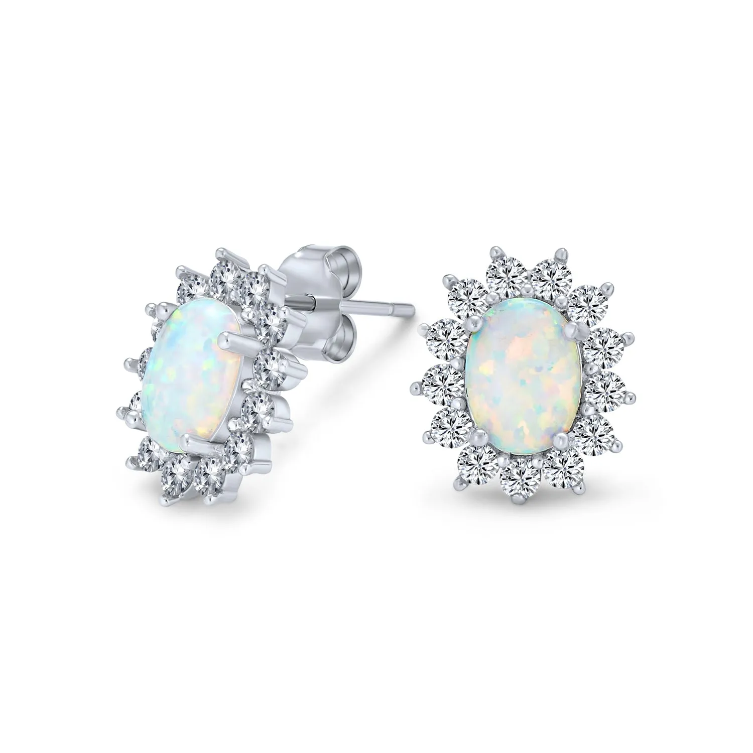 Vintage Estate Style Oval Opal Crown Halo CZ Stud Earrings Silver 12MM Birthstone