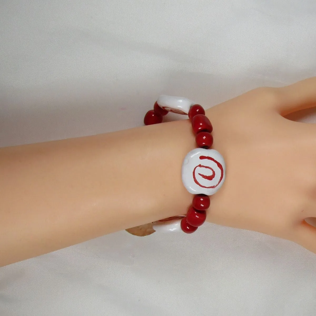 White and Red Kazuri Bracelet Handmade Fair Trade Beaed