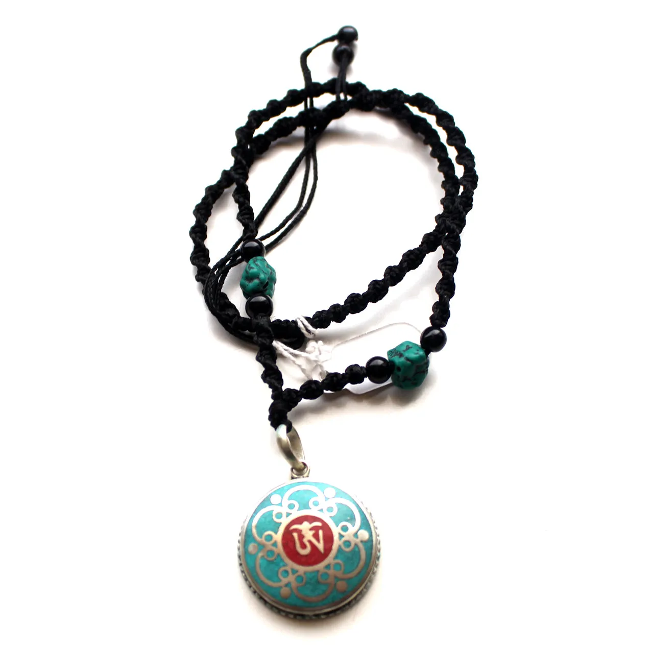 White Metal Round Tibetan OM Pendant with Turquoise Inlays