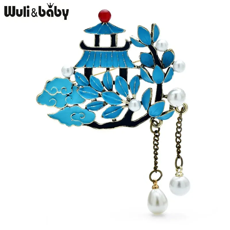 Wuli&baby Pearl Tassel Pavilion Brooches